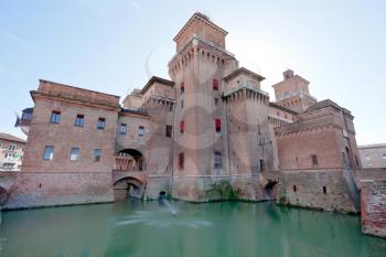 moat and fountain of Castello Estense in Ferrara, Italy