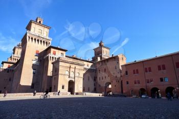 Exterior side view of The Castle Estense in Ferrara, Italy