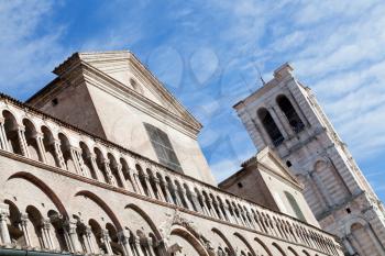 detail of facade of Ferrara Duomo from piazza Trento Trieste, Italy