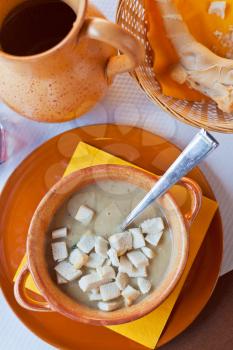top view of Zuppa Ferrarese con crostini crocacanti - Ferrara soup with warm croutons