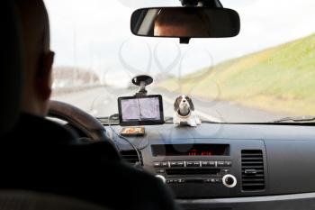 driving with car GPS Navigator on rural road in Russia