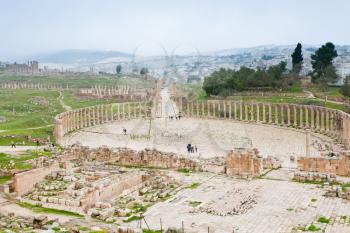 ancient roman oval forum in antique town Jerash in Jordan