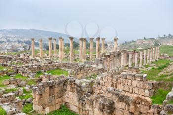 panorama of ancient city Gerasa and modern Jerash , Jordan