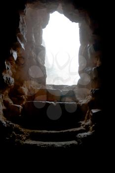 entrance in medieval Ajlun Castle in foggy day, Jordan