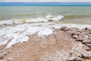 crystalline salt on beach of Dead Sea, Jordan