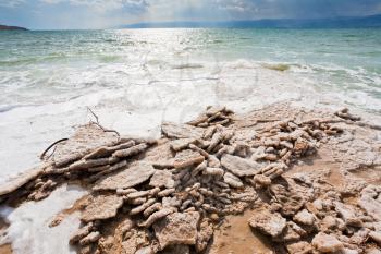 crystalline salt on beach of Dead Sea, Jordan