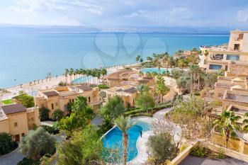 panorama of resort on Dead Sea coast, Jordan