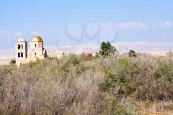 view on St.John church near baptism site in Jordan river Valley 
