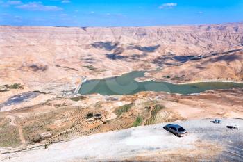 panorama valley of Wadi Al Mujib river and dam, Jordan