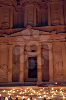 Al Khazneh or The Treasury building at Petra at night, Jordan