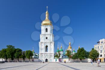 view on bell tower and Saint Sophia Cathedral through Sophia square in Kiev, Ukraine