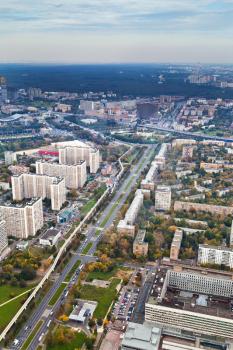 above view on Prospect Mira avenue and Moscow cityscape in autumn day, Russia