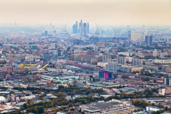 Moscow City and cityscape in smog autumn day, Russia
