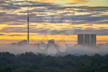 morning fog at autumn city sunrise