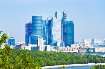 panorama of new Moscow City buildings in spring