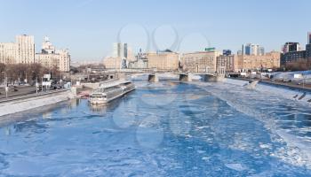 view on frozen Moscow river in sunny winter day on 29 January 2012