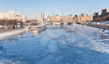 view on frozen Moscow river in sunny winter day on 29 January 2012