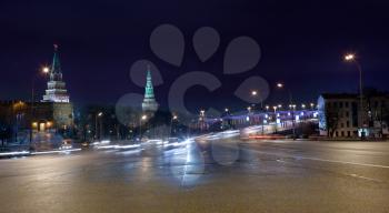 view on Great Stone Bridge and towers of Kremlin in Moscow at night