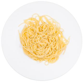 top view on spaghetti al burro on white plate isolated on white background