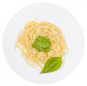 top view on spaghetti with pesto and basil leaf on plate isolated on white background