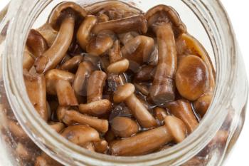 top view on pickled mushrooms in glass jar