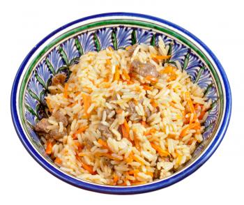traditional asian pilau with meat in ceramic bowl isolated on white background