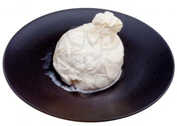 fresh italian cheese burrata on black plate isolated on white background
