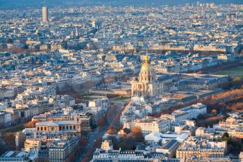 view on Les Invalides building and panorama of Paris in winter afternoon