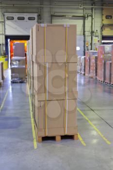 loading palleted carton boxes in storage warehouse in track