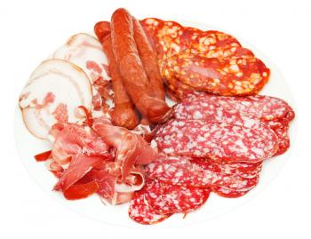 plate with various meat specialties isolated on white background