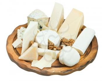 wooden plate with various cheeses isolated on white background
