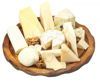 wood plate with various cheeses isolated on white background