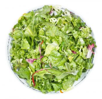 above view of fresh italian lettuce mix in bowl isolated on white background