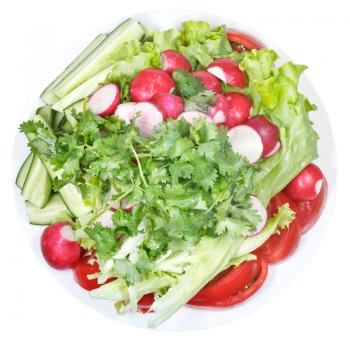 top view of plate with fresh season vegetables isolated on white background