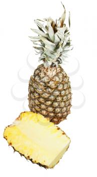cutting pineapple and one ripe pineapple isolated on white background