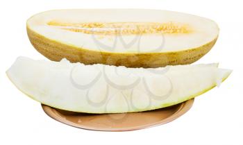 two slices and half of Uzbek-Russian Melon (mirzachul melon, gulabi melon, torpedo melon) on plate isolated on white background