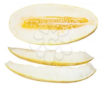 two slices and half of Uzbek-Russian Melon (mirzachul melon, gulabi melon, torpedo melon) isolated on white background