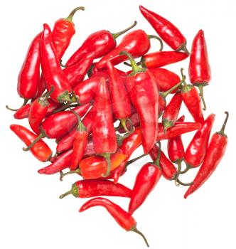 top view of pods of red chili peppers isolated on white background