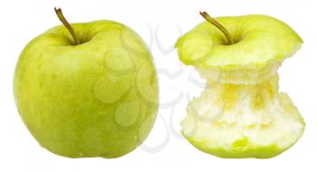 apple core and whole granny smith apple isolated on white background