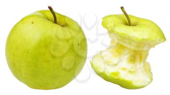 bitten apple and whole granny smith apple isolated on white background