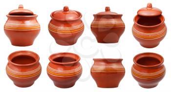 set of earthenware pots isolated on white background