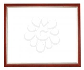 narrow brown wooden picture frame with cut out canvas isolated on white background