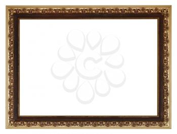 wide golden gilted vintage wooden picture frame with cut out canvas isolated on white background