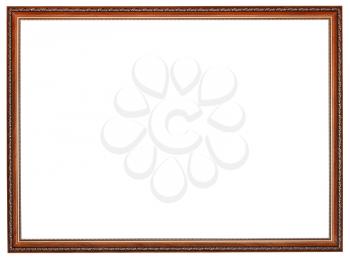 narrow carved retro brown wooden picture frame with cut out canvas isolated on white background