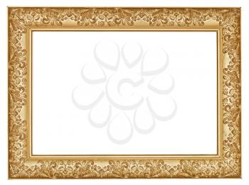 ancient golden carved wide wooden picture frame with cut out canvas isolated on white background