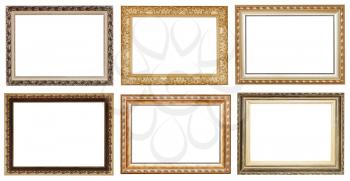 set of wide golden ancient wooden picture frames with cut out canvas isolated on white background