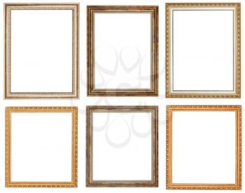 set of vintage wooden picture frames with cut out canvas isolated on white background