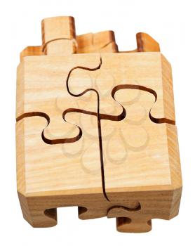 top view of three dimensional wooden mechanical puzzle close up isolated on white background
