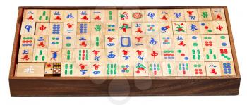 set of wooden mahjong game tiles in box isolated on white background