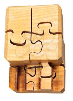 three dimensional wooden mechanical puzzle isolated on white background